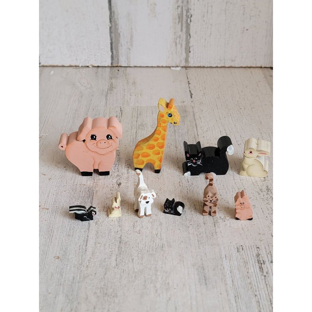 Vintage mini wooden animals giraffe skunk‎ pig dog cat bunny set decor unique